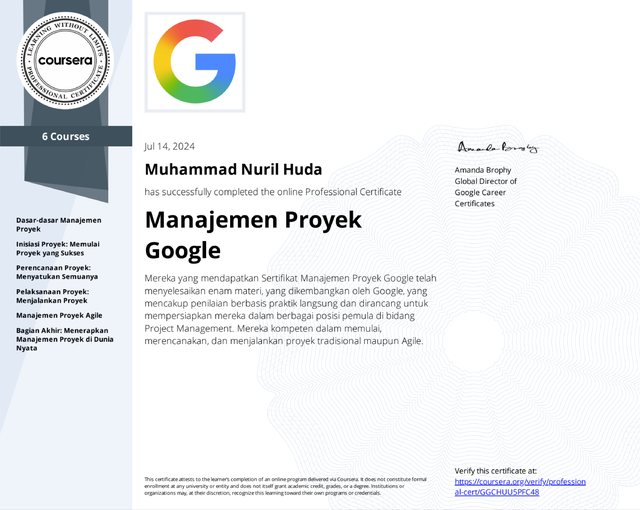 Google Project Management professional certificate issued through Coursera